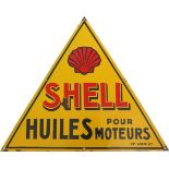 Emailschild Shell Dreieck Frankreich, huiles pour moteurs, um 1930