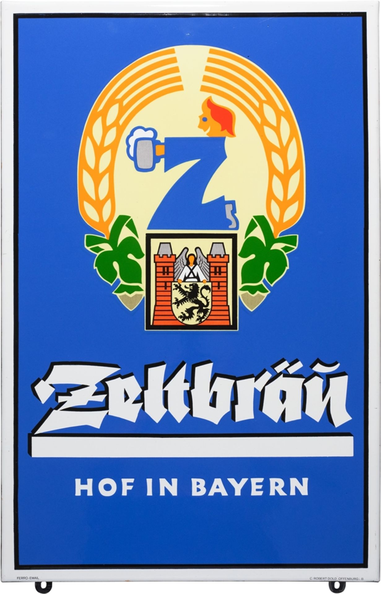 Emailschild Zeltbräu Hof in Bayern, um 1950, Traumzustand