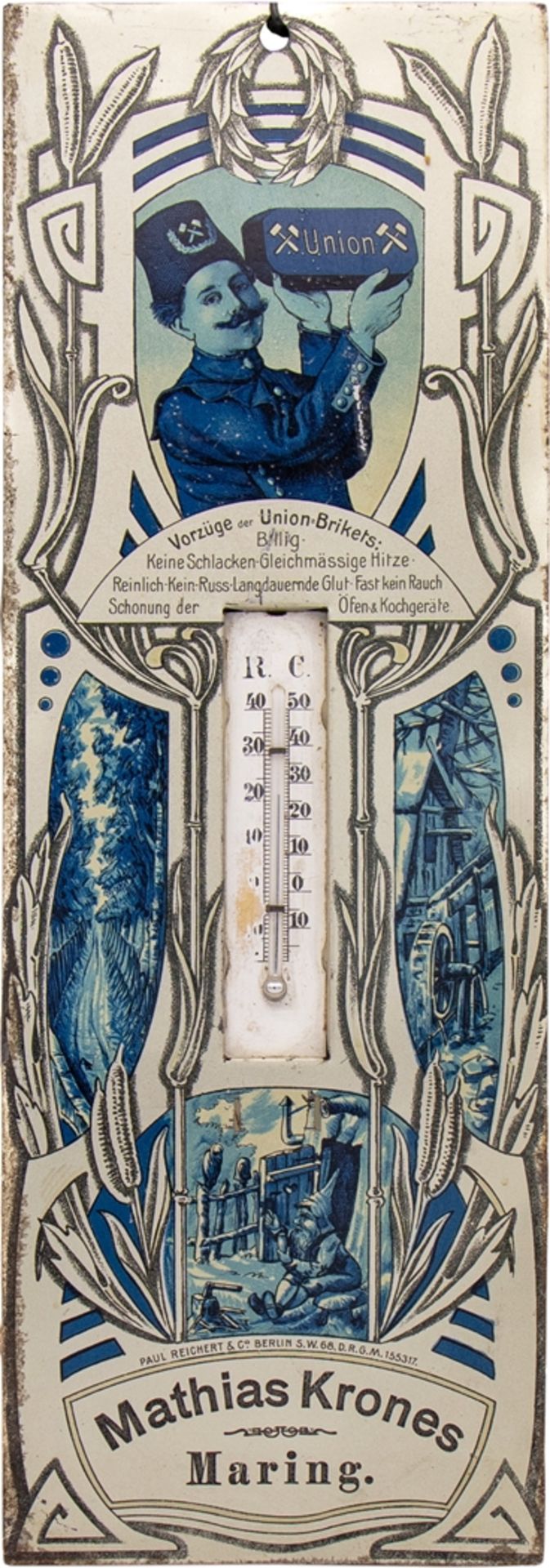 Art Nouveau tin sign, thermometer, Union Briketts, Maring (Palatinate), around 1900