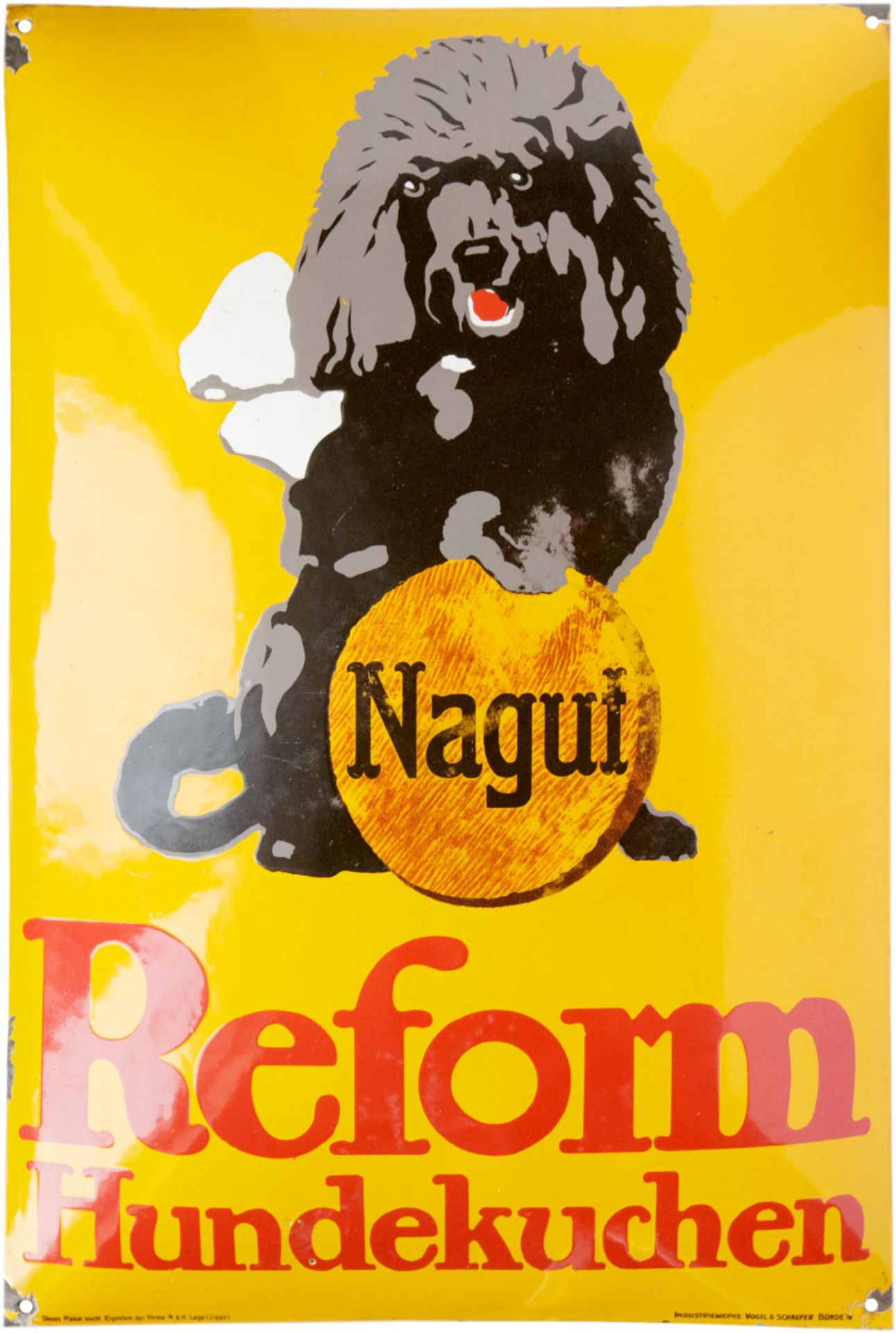 Emailschild Nagut Reform Hundekuchen, Lage (Lippe), um 1920