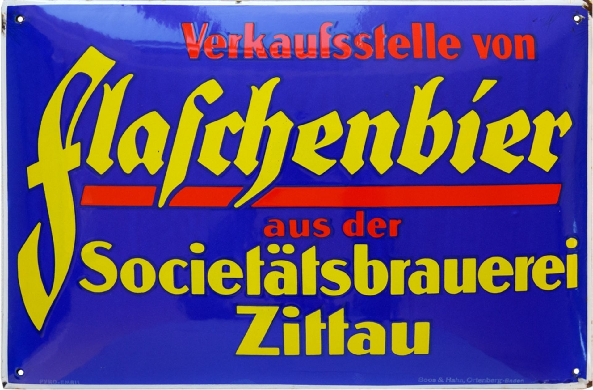 Emailschild Flaschenbier der Societätsbrauerei Zittau, um 1930