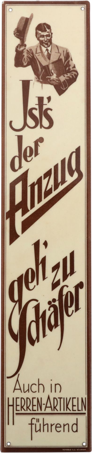 Advertising sign Schäfer suit, door sign, around 1920