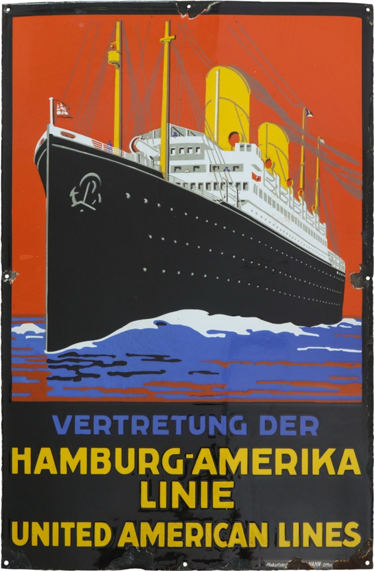 Emailschild Hamburg-Amerika Linie, im Traumglanz! Um 1920