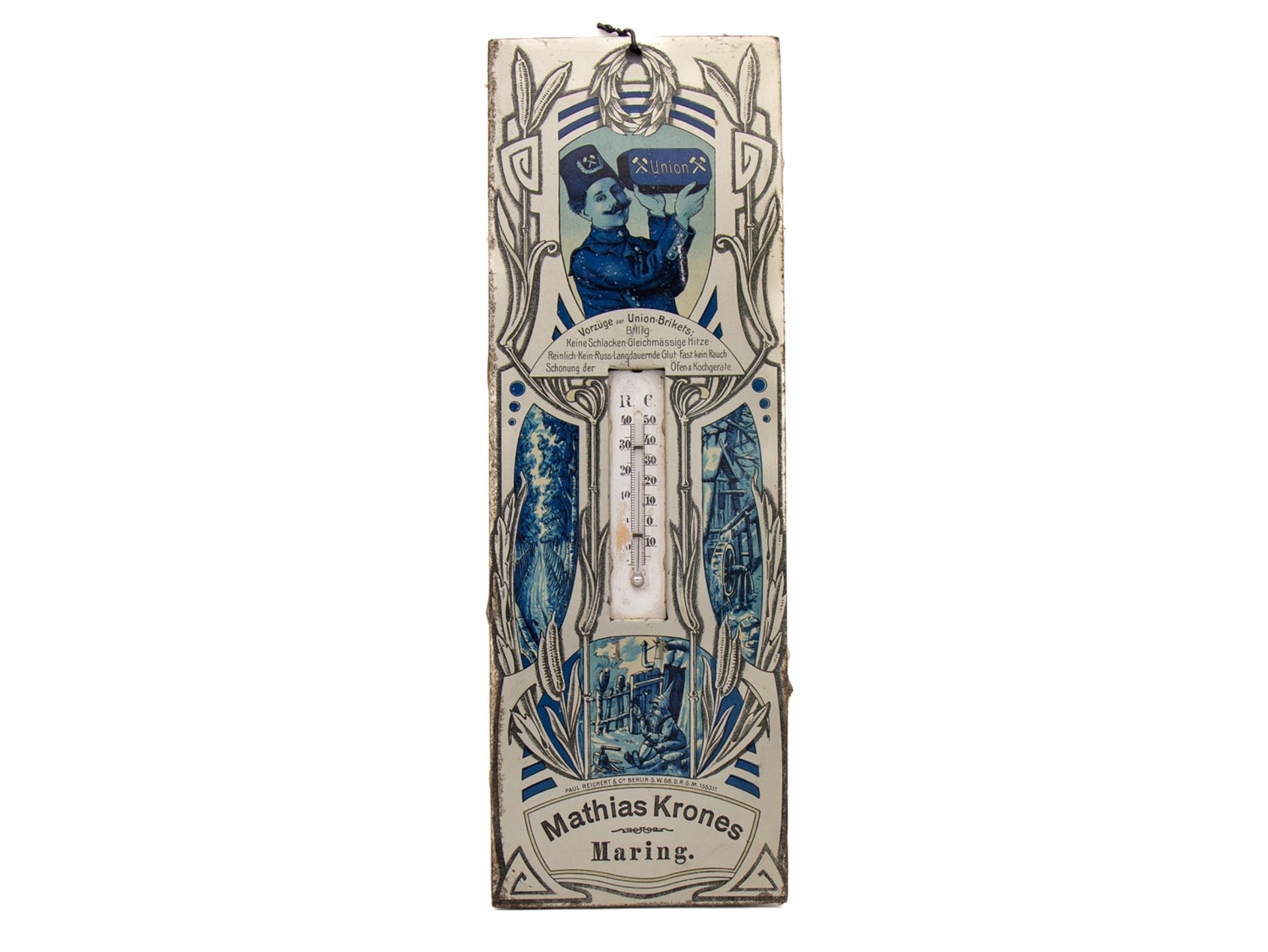 Jugendstil Blechschild, Thermometer, Union Briketts, Maring (Pfalz), um 1900 - Bild 3 aus 3