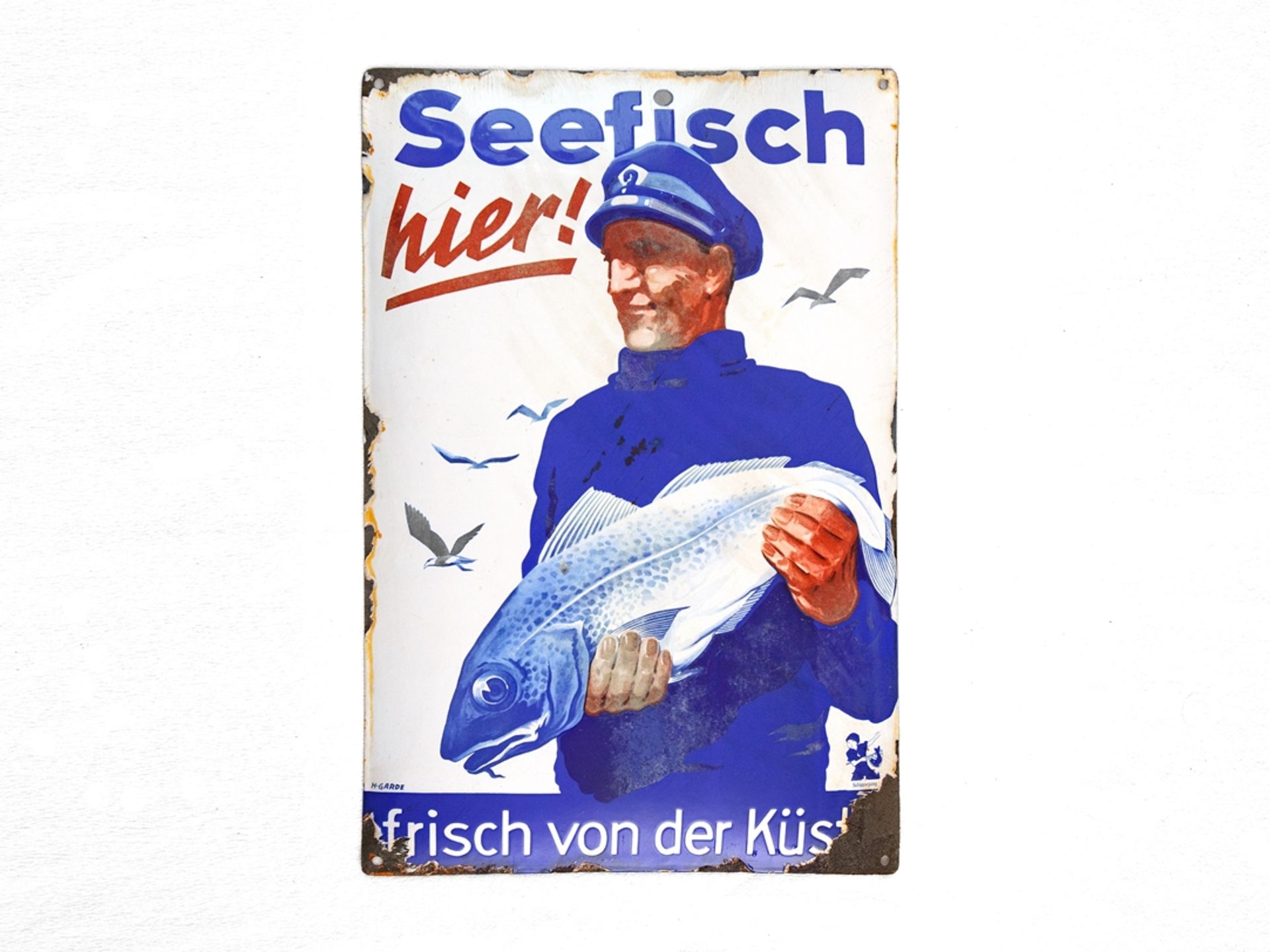 Enamel sign Sea fish here fresh from the coast, around 1930 - Image 7 of 7