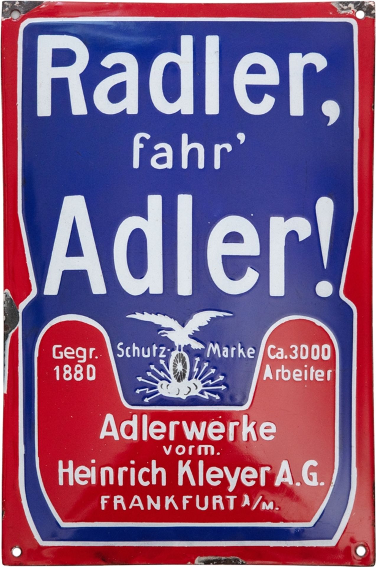 Emailschild Radler, fahr Adler, Frankfurt am Main, um 1910