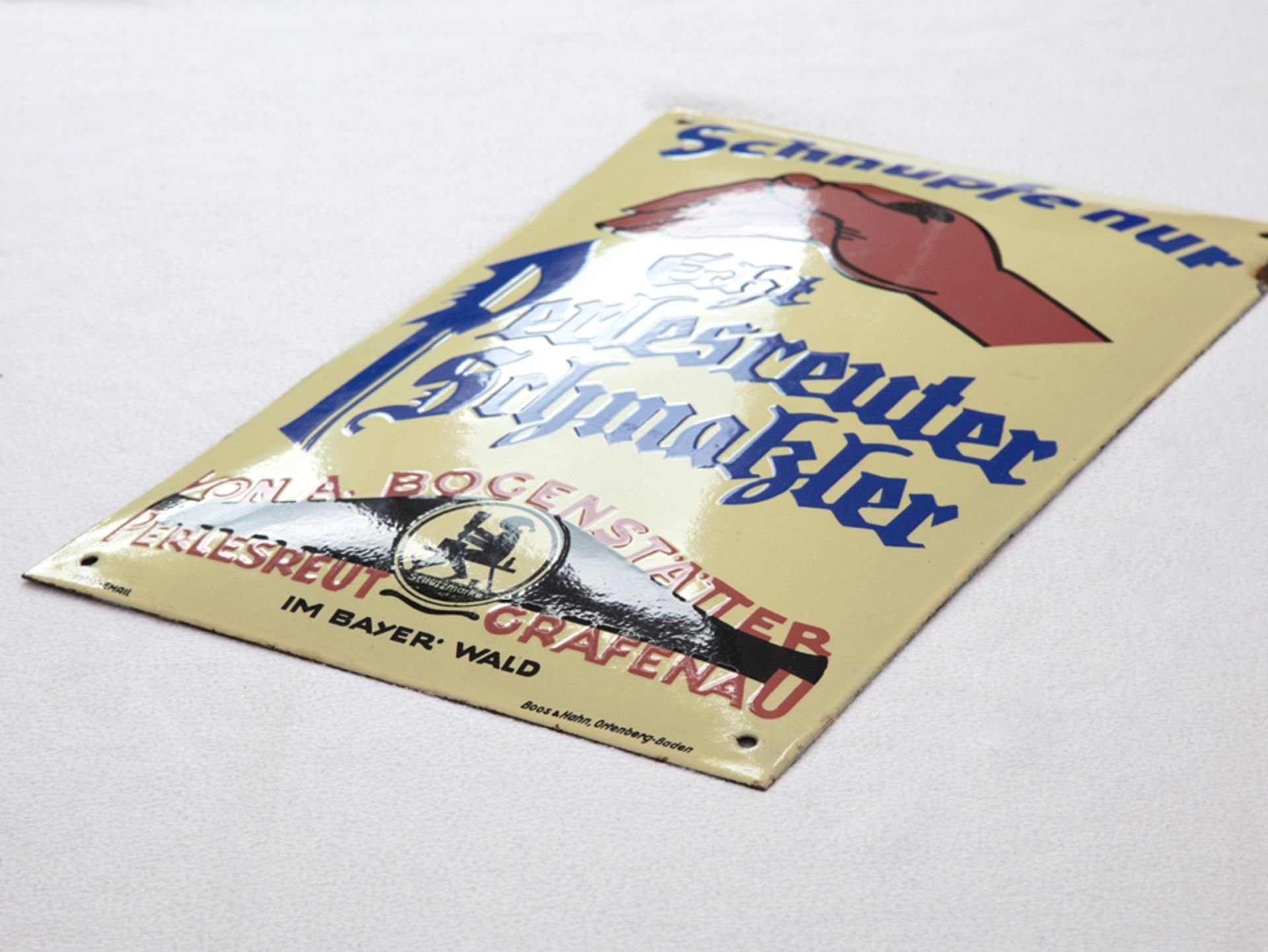 Enamel sign Schnupfe only Perlesreuter Schmalzler, Perlesreut/Grafenau, around 1930 - Image 3 of 7