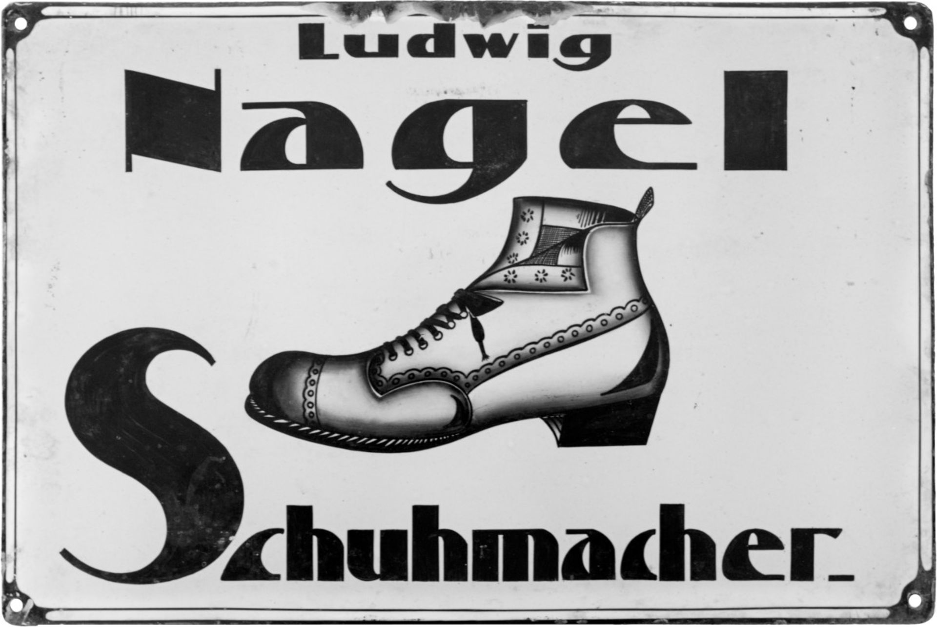 Emailschild Schuhmacher Ludwig Nagel, um 1900