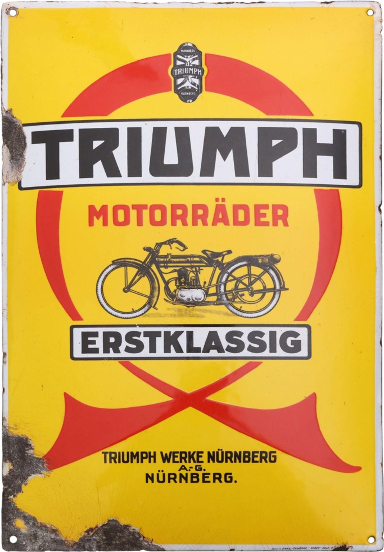 Emailschild Triumph Motorräder, Nürnberg, um 1920 