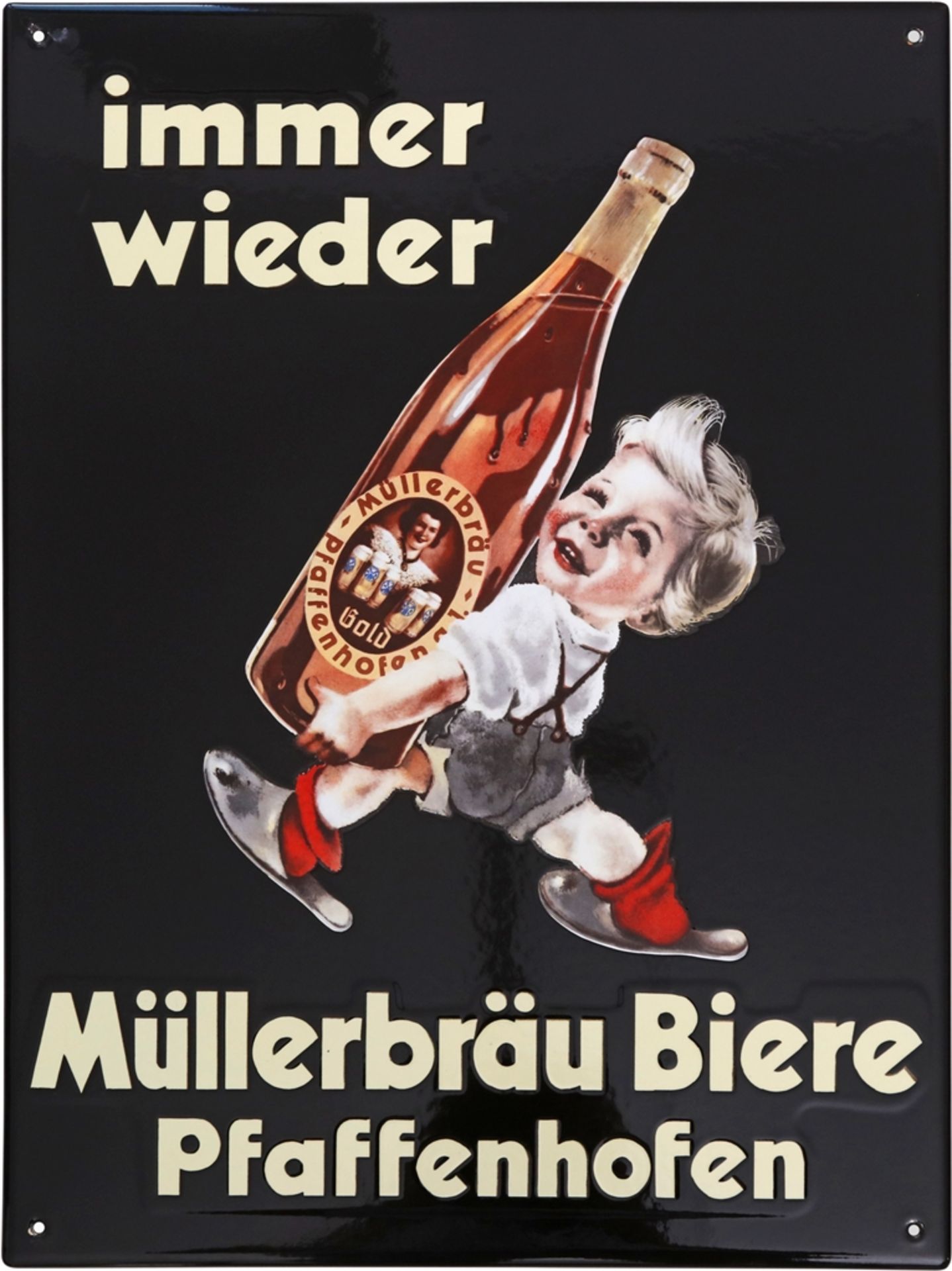 Emailschild Müller Biere Pfaffenhofen, im Traumzustand, um 1950