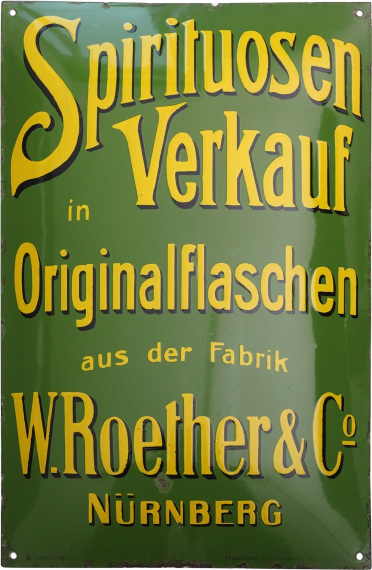 Emailschild Spirituosen Verkauf W. Roether & Co Nürnberg, um 1910 