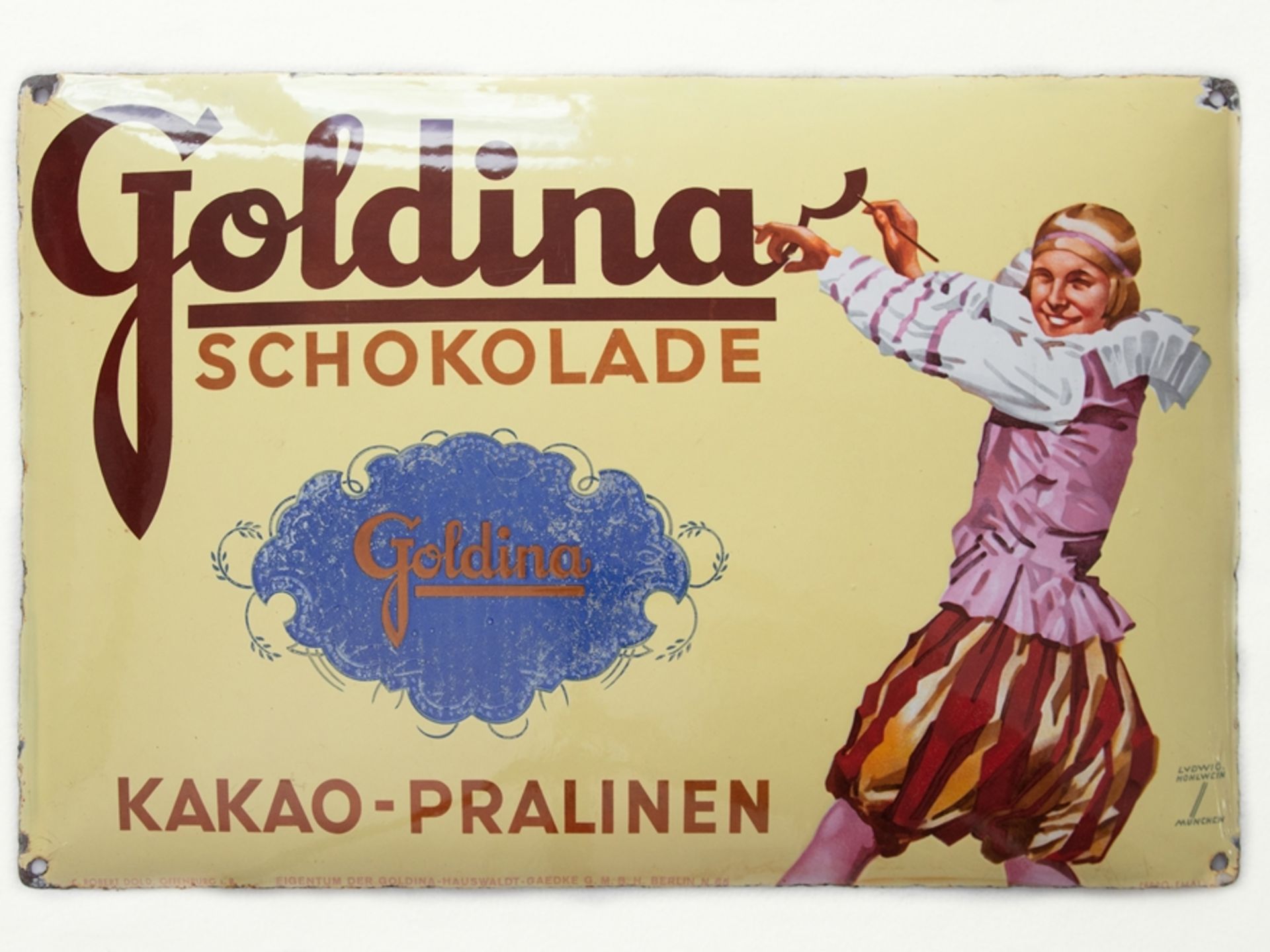 Enamel sign Goldina Schokolade, Ludwig Hohlwein, Berlin around 1920, condition 2 - Image 7 of 7