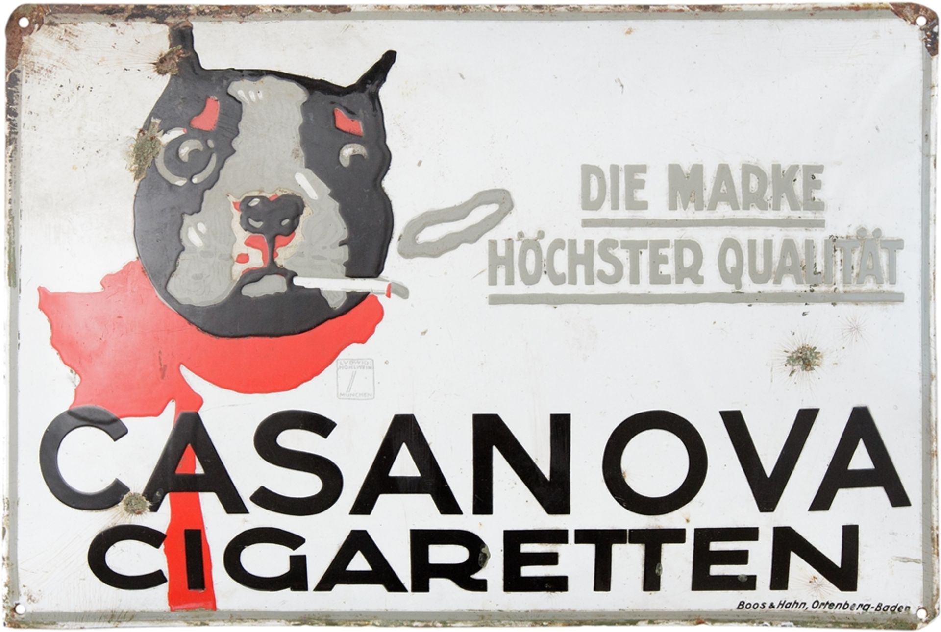 Emailschild Casanova Cigaretten Dresden Ludwig Hohlwein, um 1920