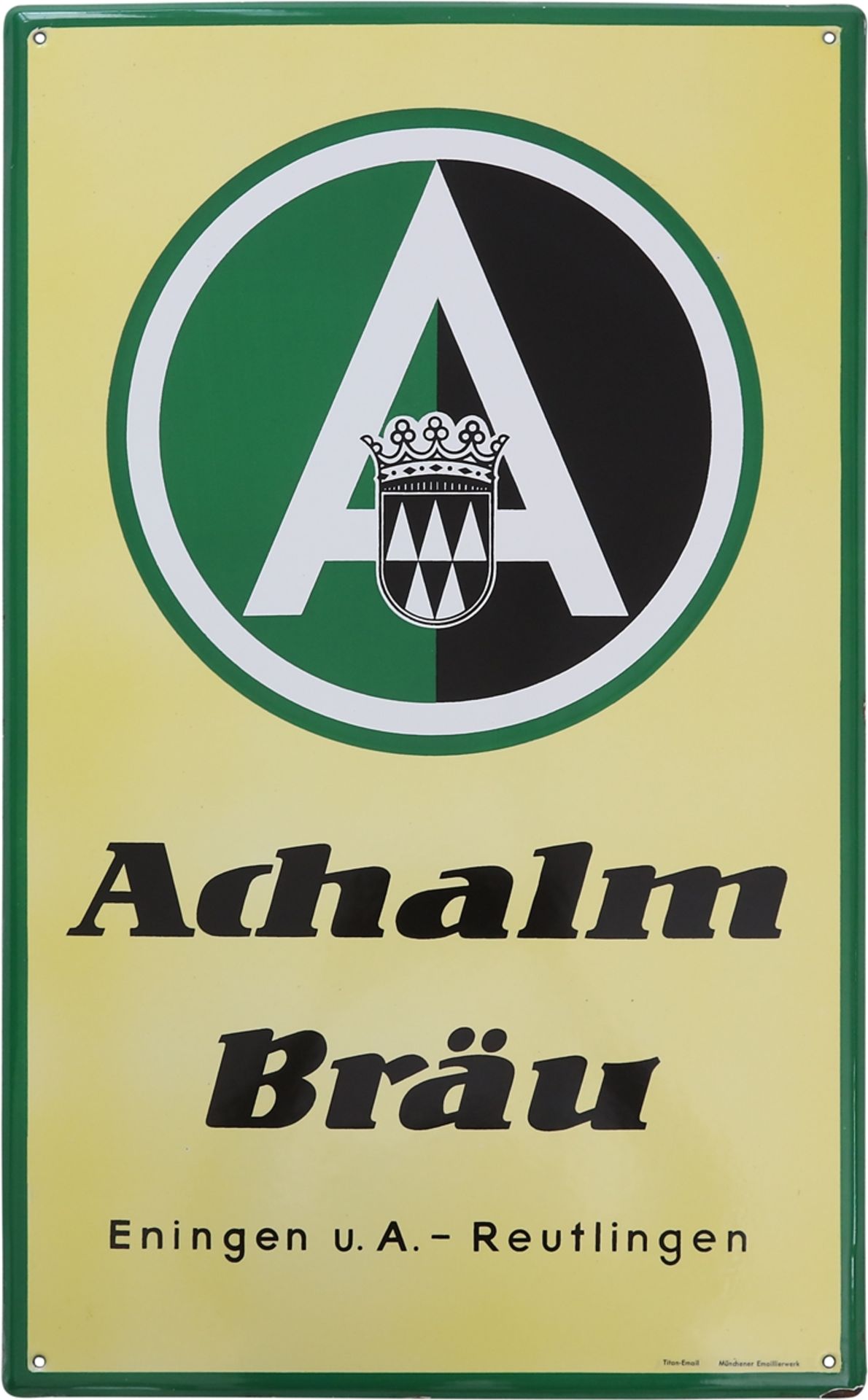 Emailschild Achalm Bräu, Eningen u.A. -  Reutlingen, um 1950