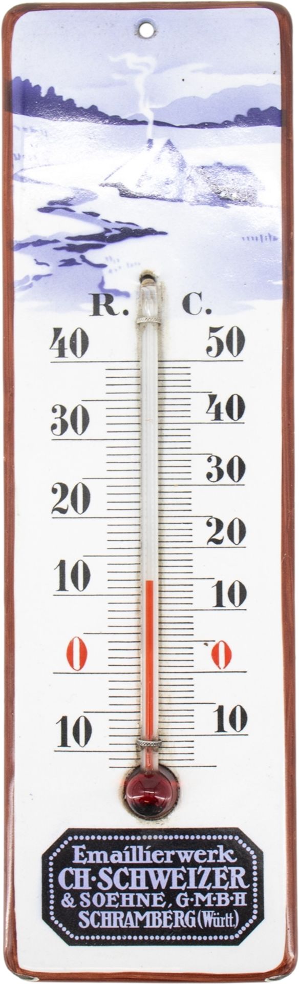 Enamel plate thermometer, Schramberger Emaillierwerke, Schweizer & Söhne, around 1930