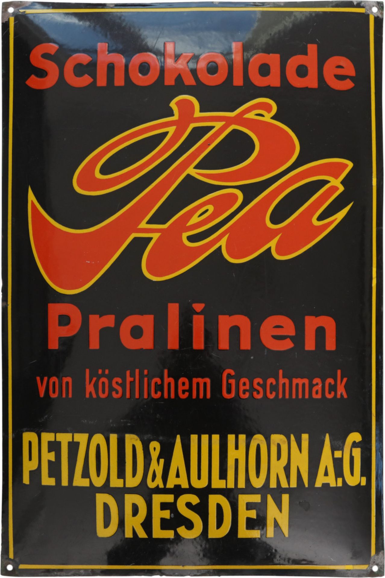 Emailschild Pea Schokolade Pralinen, Dresden, um 1920