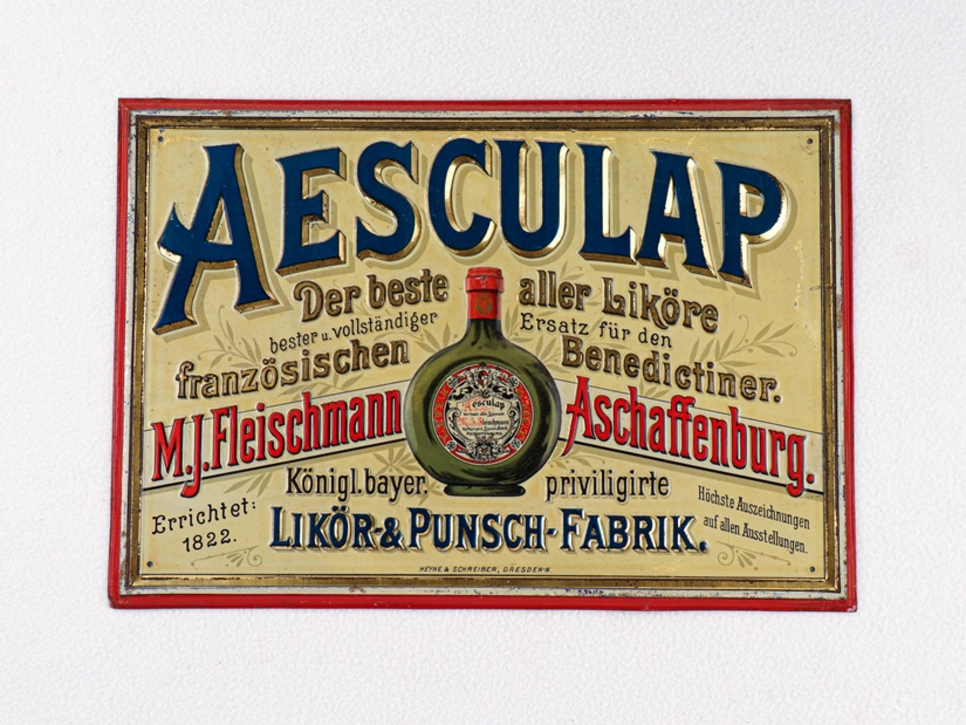 Blechschild Aesculap, der beste aller Liköre, Aschaffenburg, um 1900 - Bild 3 aus 3