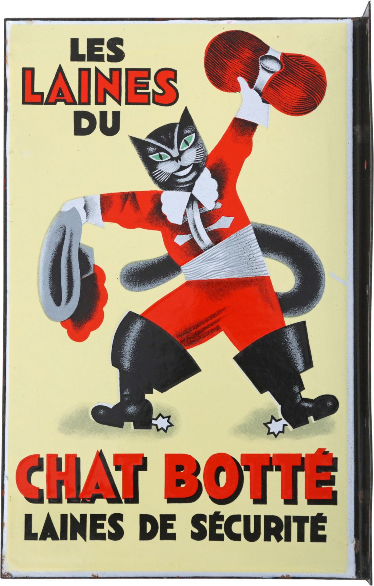 Enamel sign Les Laines du Chat Botté, France, around 1930