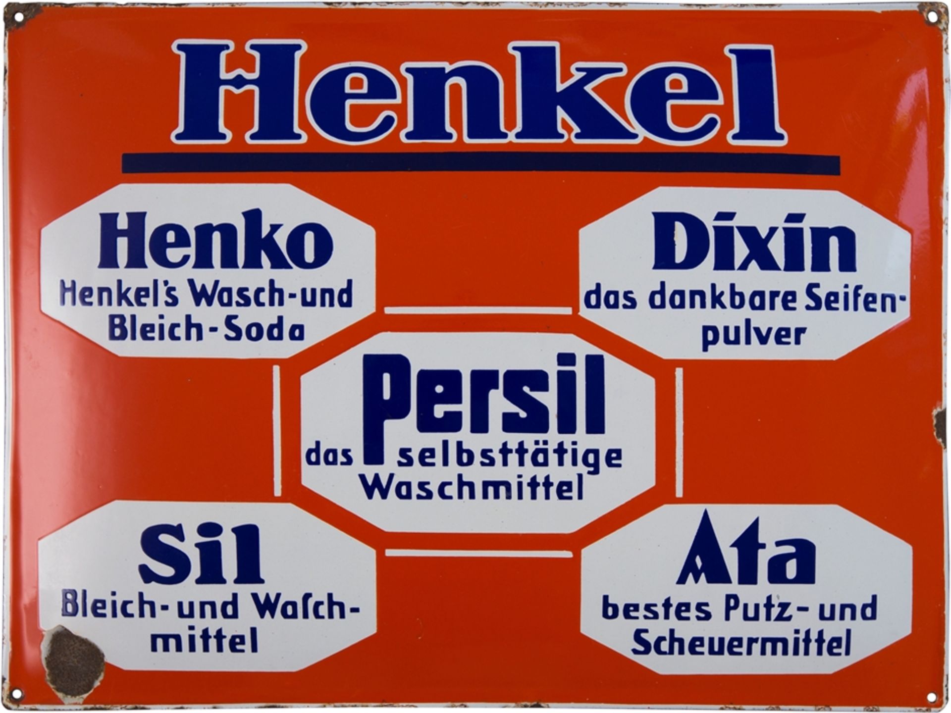 Emailschild Henkel, Henko, Ata, Persil, Düsseldorf um 1930