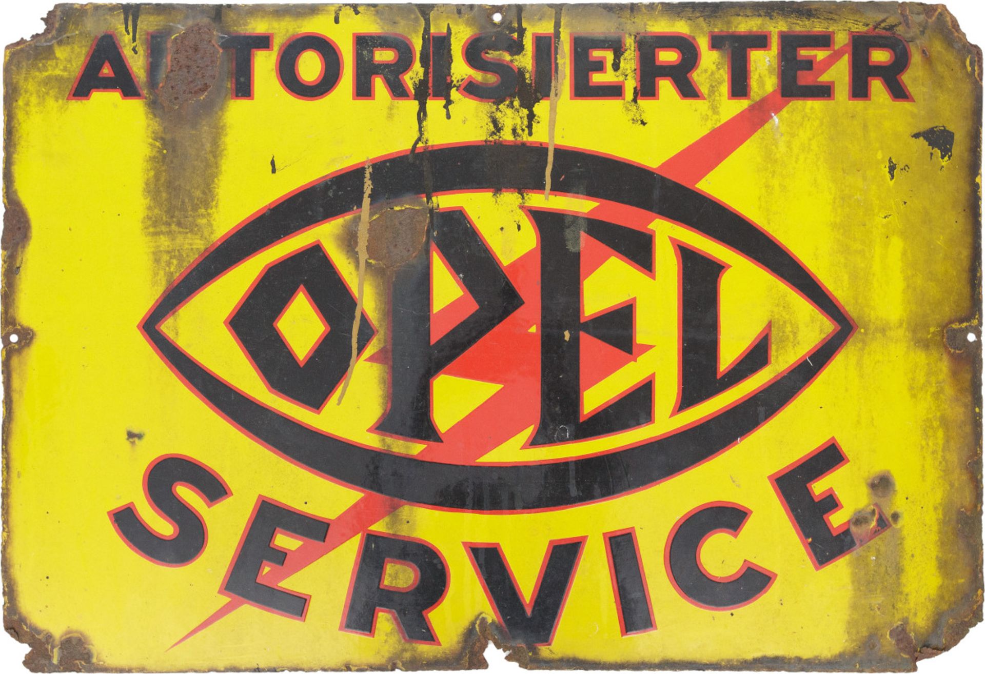 Emailschild Autorisierter Opel Service, Rüsselsheim, um 1920