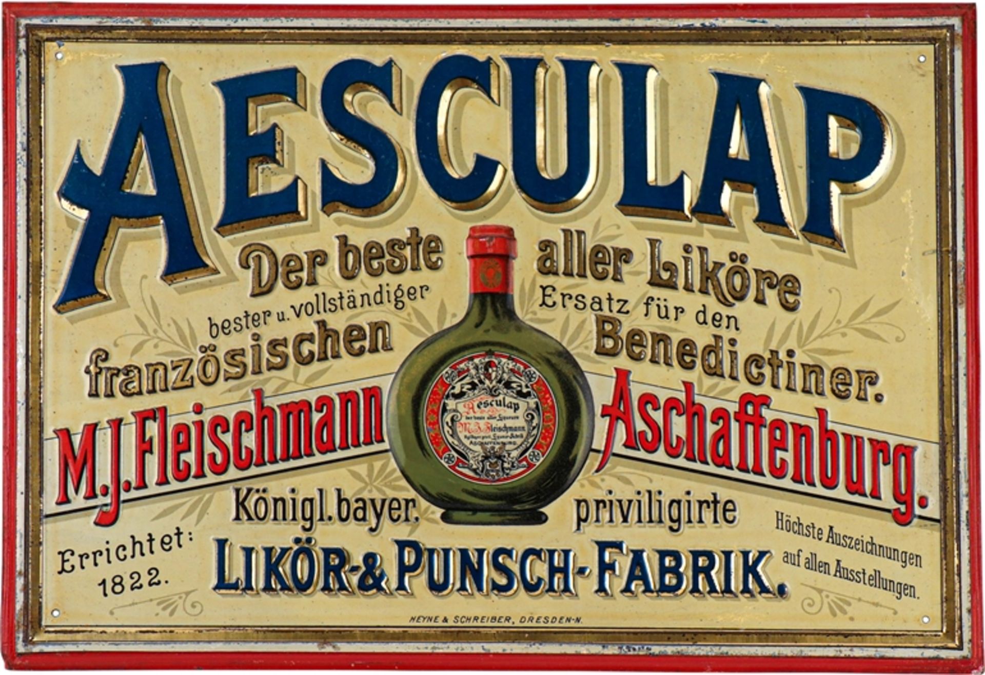 Blechschild Aesculap, der beste aller Liköre, Aschaffenburg, um 1900