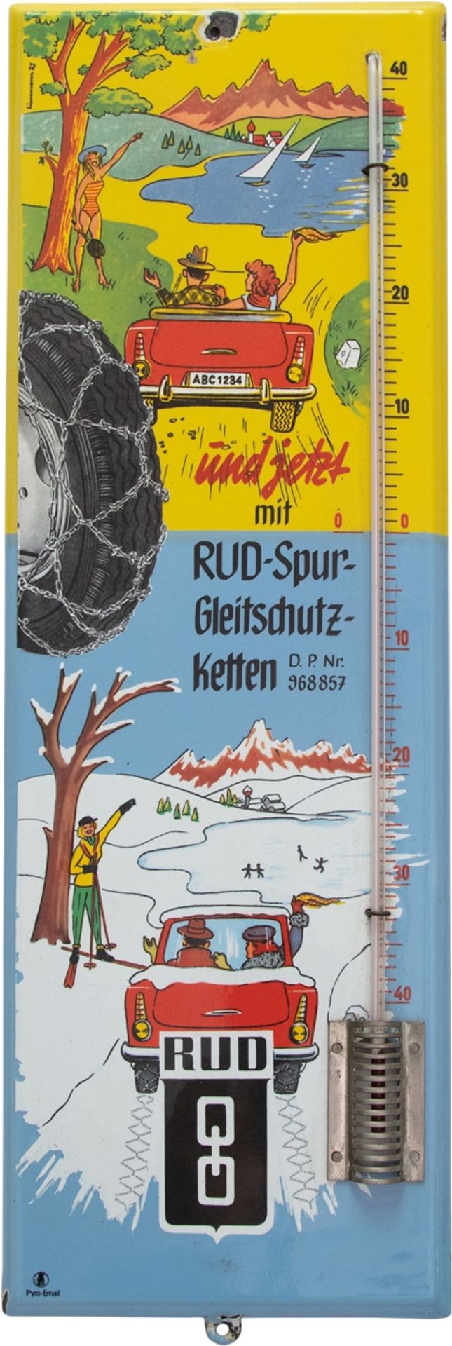 Emailschild RUD Kettenfabrik, Schneeketten, Aalen, um 1950