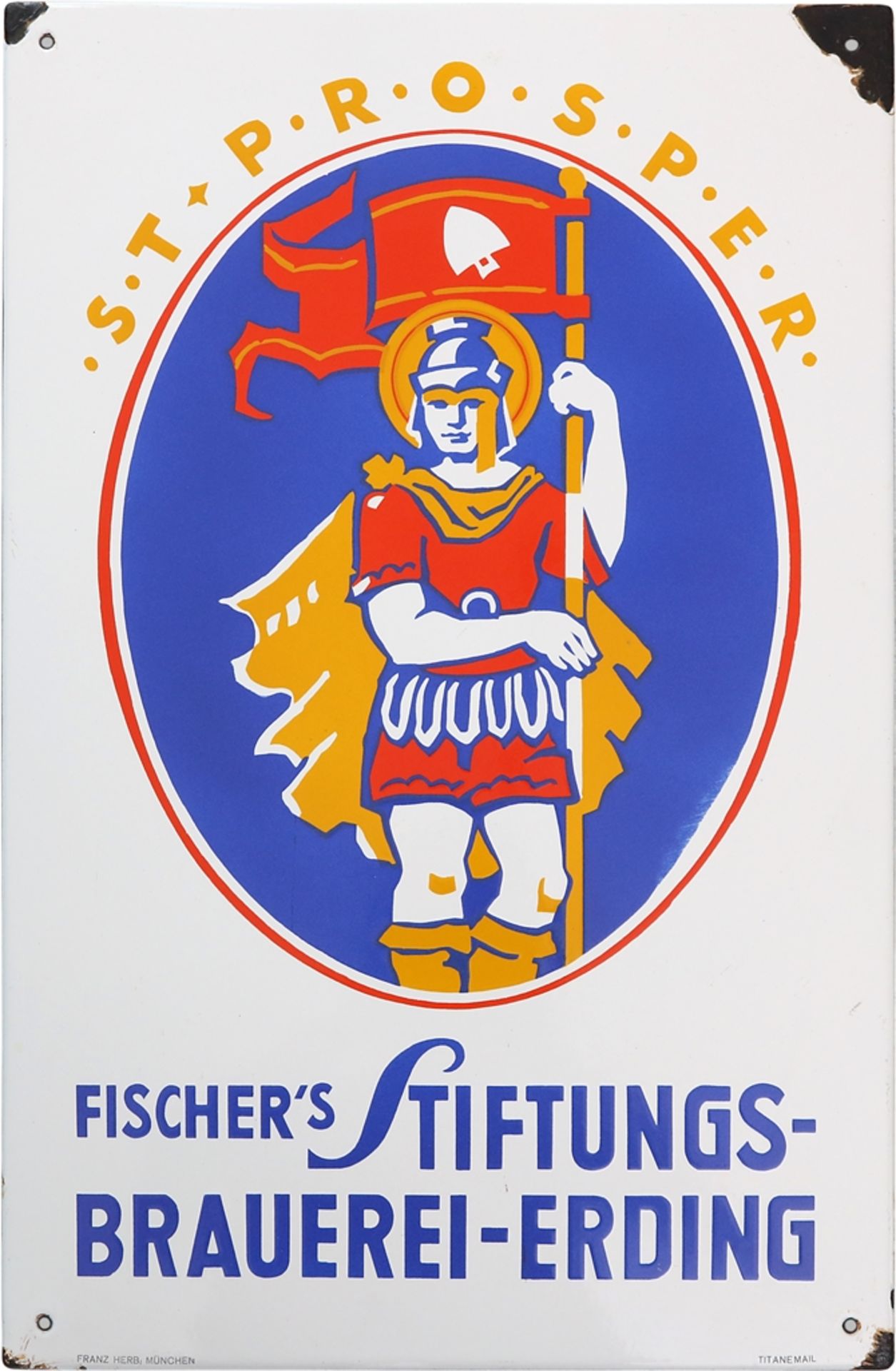 Emailschild Fischer's Stiftungs-Brauerei Erding bei München, um 1950