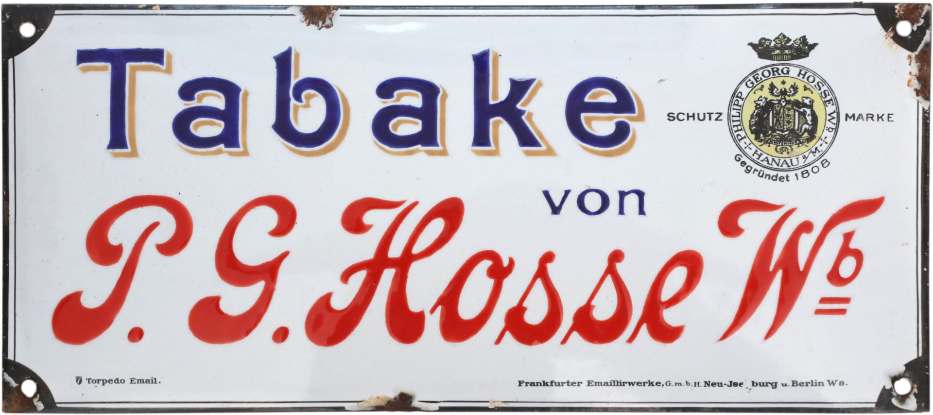 Emailschild Tabake von P. G. Hosse, Hanau, um 1910