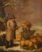 Circle of George Morland (1763-1804) British. Feeding the Sheep, Oil on canvas, In a fine gilt