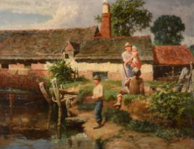 Circle of William Pitt (act.1851-1890) British. A River Landscape with Boys Fishing and a cottage