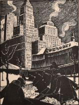 Clare Leighton (1898-1989) British/American. "Snow Shovellers: New York", Wood engraving, Mounted,