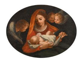 18th Century Italian School. Madonna and Child with Cherubs, Oil on canvas, Painted oval, 12" x