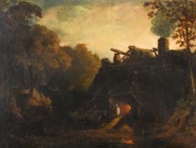 Circle of Julius Caesar Ibbetson (1759-1817) British. A Blacksmith's Forge, Oil on board, Unframed