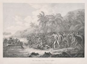 After John Webber (1751-1793) British. "The Death of Captain Cook", Engraving, figures by