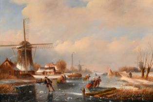 Jacob Ten Hagen (1820-1880) Dutch. Skaters on a Frozen River, Oil on panel, Signed and dated 1867,