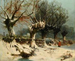 William E Jones (act.1849-1877) British. "Bumpstead Common, Essex" a winter scene, Oil on canvas,