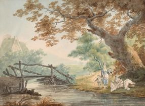 Circle of John Warwick Smith (1749-1831) British. A River Landscape with Figures by a Wooden Bridge,