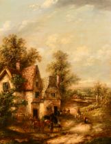 Georgina Lara (act.1840-1880) British. Figures and Carts by an Inn, Oil on canvas, Signed, 18" x 14"