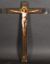 Late 19th-Early 20th Century European School. Christ on the Cross, Oil on a wooden cross, Overall