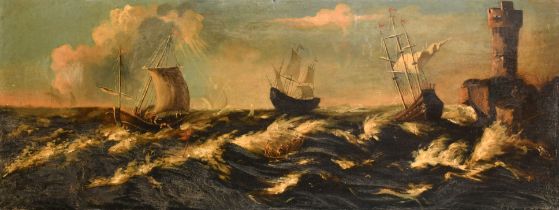 Manner of Matthieu van Plattenberg (1607-1660) Belgian. Shipping in Stormy Waters, Oil on canvas, In