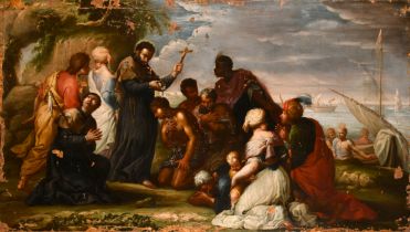 Circle of Jacopo Amigoni (1682-1752) Italian. Blessing of the Pilgrims, Oil on canvas, Unframed,