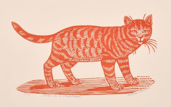 Richard Bawden (1936- ) British. "Sasha on a Skateboard", Linocut, Signed, inscribed and numbered