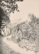 19th-20th Century American School. Logging Teams on a Mountain Pass, Etching, Indistinctly signed