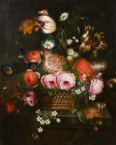 18th Century Dutch School. Still Life of Flowers in a Wicker Basket, Oil on canvas, In a carved