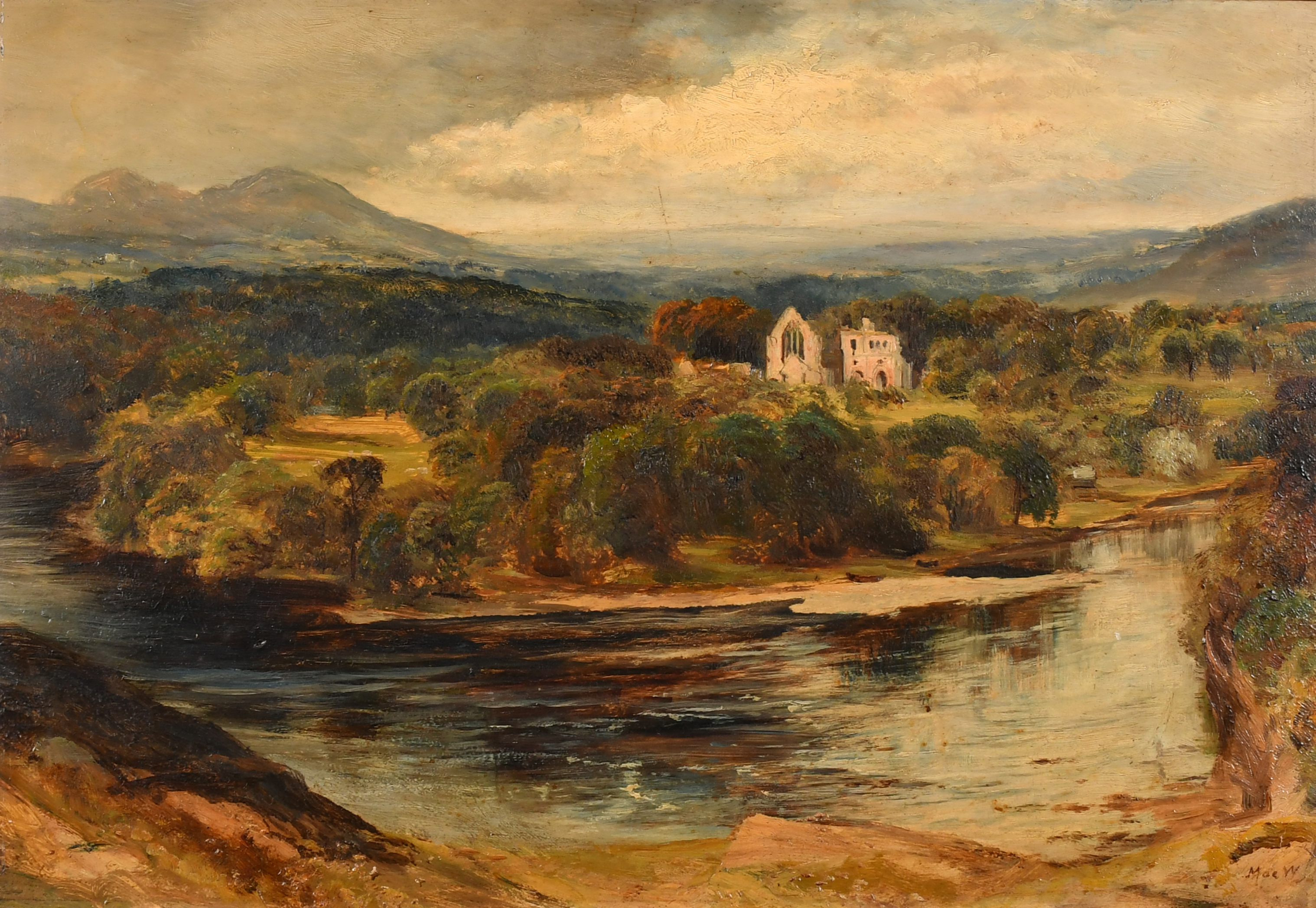 John MacWhirter (1839-1911) British. "Dryburgh Abbey" Scotland, Oil on panel, Signed, and