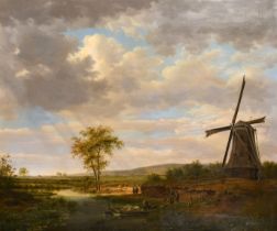 Gerrit Hendrik Gobell (1786-1833) Dutch. A River Landscape with Figures by a Boat and a Windmill