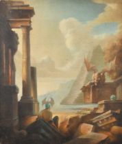 Manner of Giovanni Paolo Panini (1691-1765) Italian. A Figure by Classical Ruins, Oil on canvas,