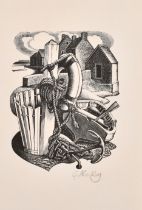 George Mackley (1900-1983) British. "Litter Basket", Wood engraving, Signed in pencil, Mounted,