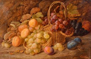 Vincent Clare (1855-1930) British. Still Life of Fruit in Wicker Baskets, Oil on canvas, Signed, 12"