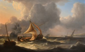 Attributed to Hendrik Rietschoof (1678-1746) Dutch. A Shipping Scene in Heavy Waters, Oil on